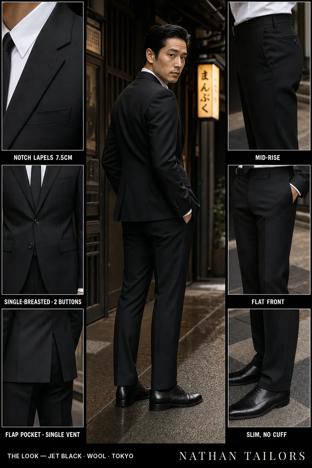 jet black single-breasted notch-lapel bespoke suit โ AI-rendered by Nathan Tailors, the Hoi An custom tailor. Available as a custom tailored suit from $149.