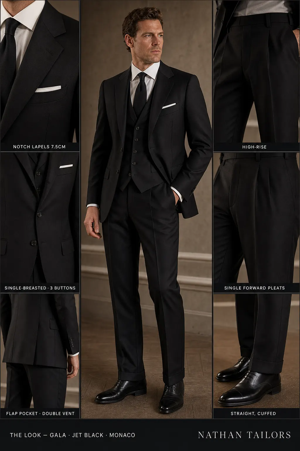 jet black single-breasted notch-lapel bespoke suit โ AI-rendered by Nathan Tailors, the Hoi An custom tailor. Available as a custom tailored suit from $149.