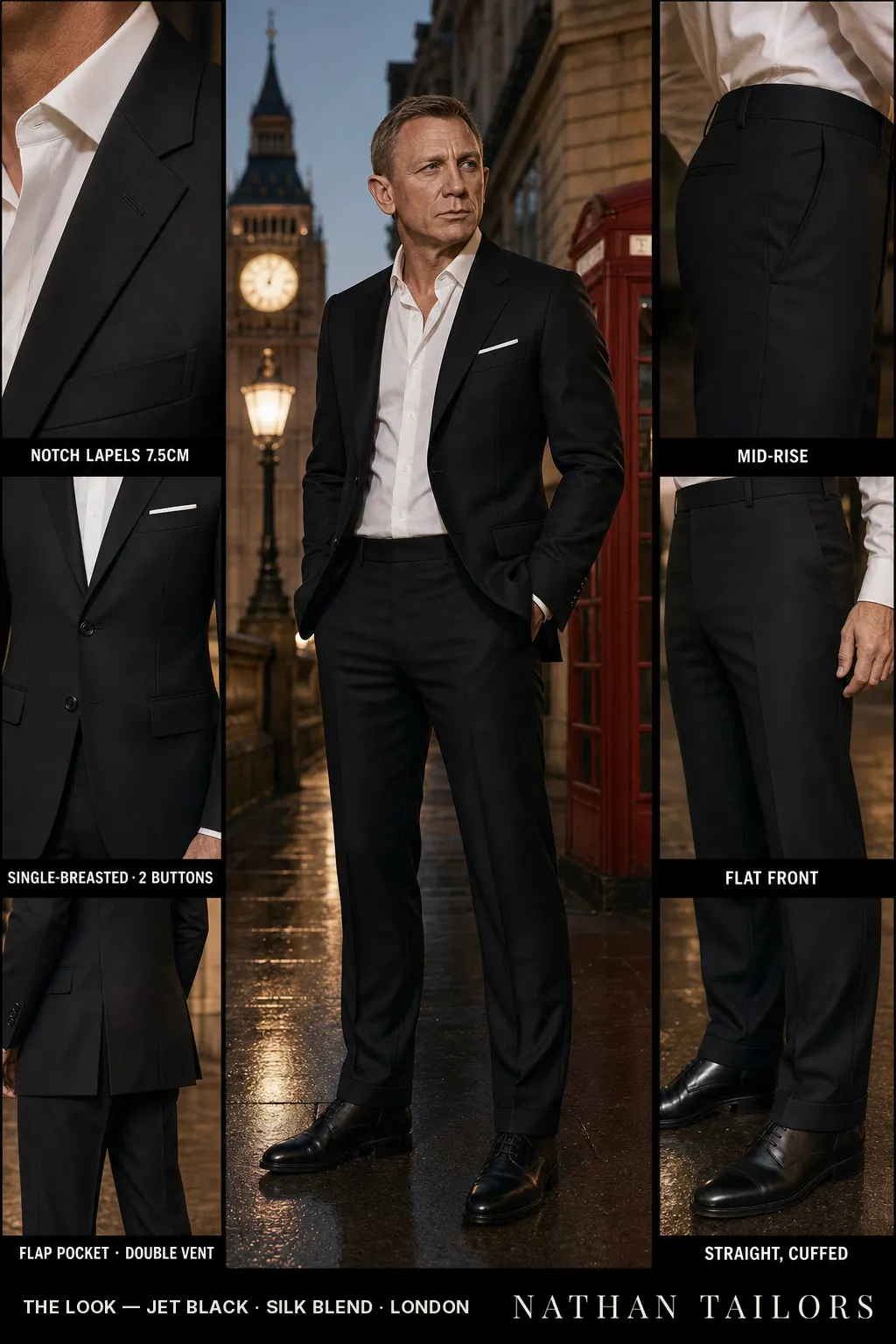 jet black single-breasted notch-lapel bespoke suit — AI-rendered by Nathan Tailors, the Hoi An custom tailor. Available as a custom tailored suit from $149.