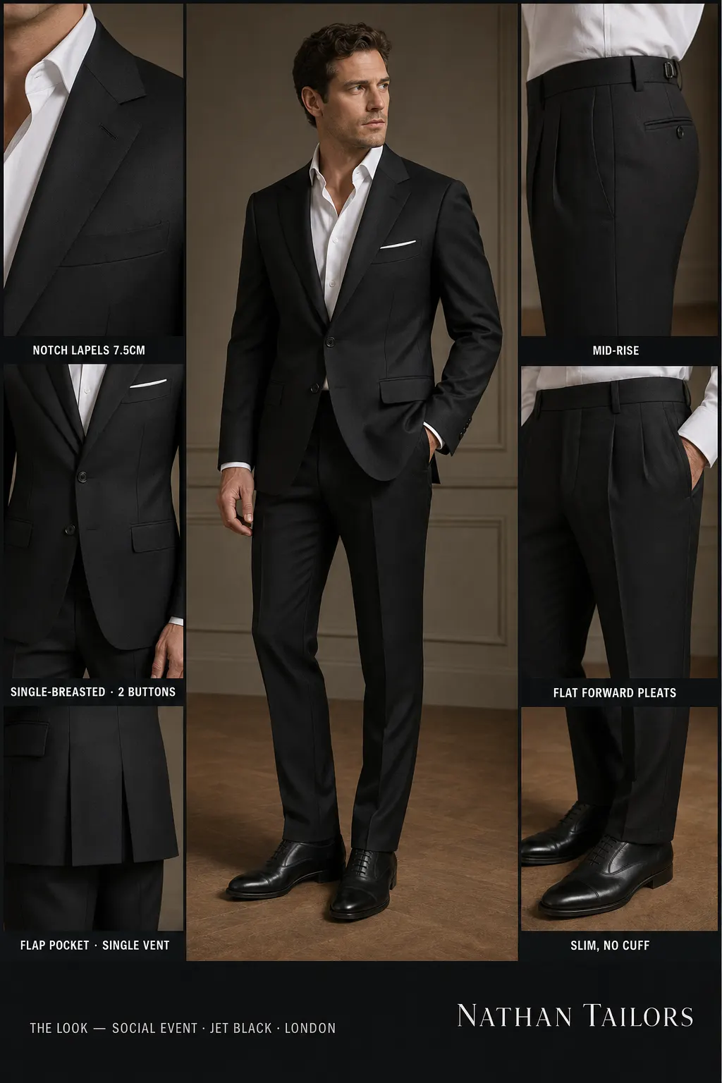 jet black single-breasted notch-lapel bespoke suit โ AI-rendered by Nathan Tailors, the Hoi An custom tailor. Available as a custom tailored suit from $149.