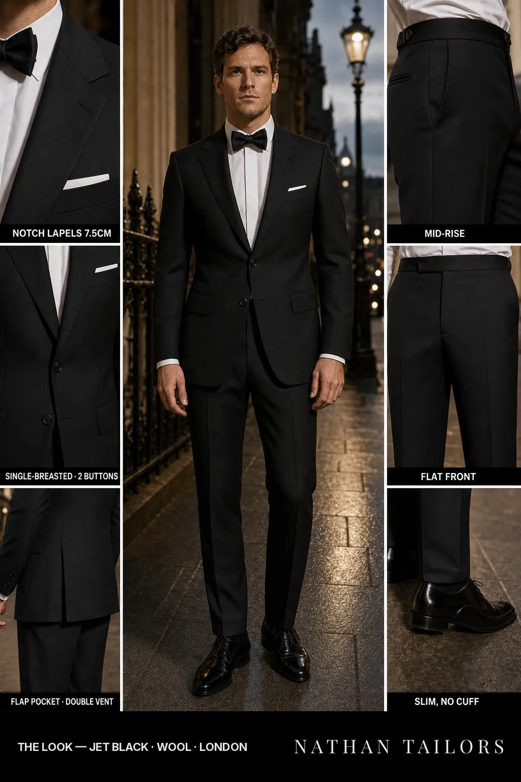 jet black single-breasted notch-lapel bespoke suit — AI-rendered by Nathan Tailors, the Hoi An custom tailor. Available as a custom tailored suit from $149.
