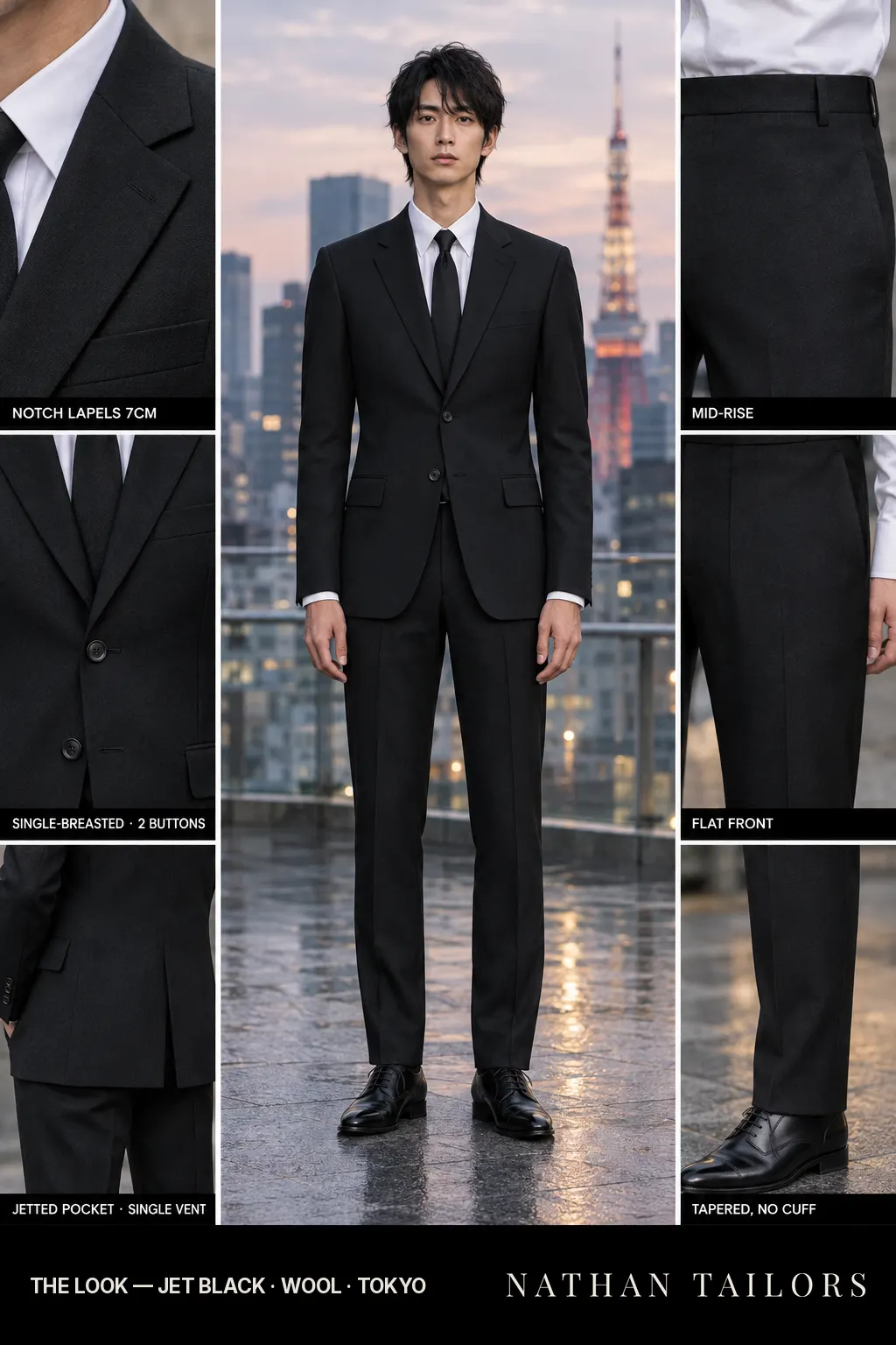 jet black single-breasted bespoke suit — custom tailored by Nathan Tailors, the Hoi An custom tailor