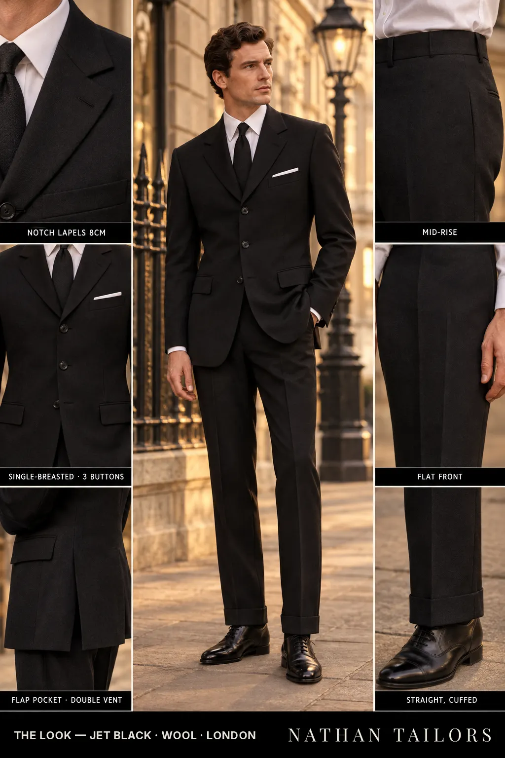 jet black single-breasted bespoke suit โ custom tailored by Nathan Tailors, the Hoi An custom tailor