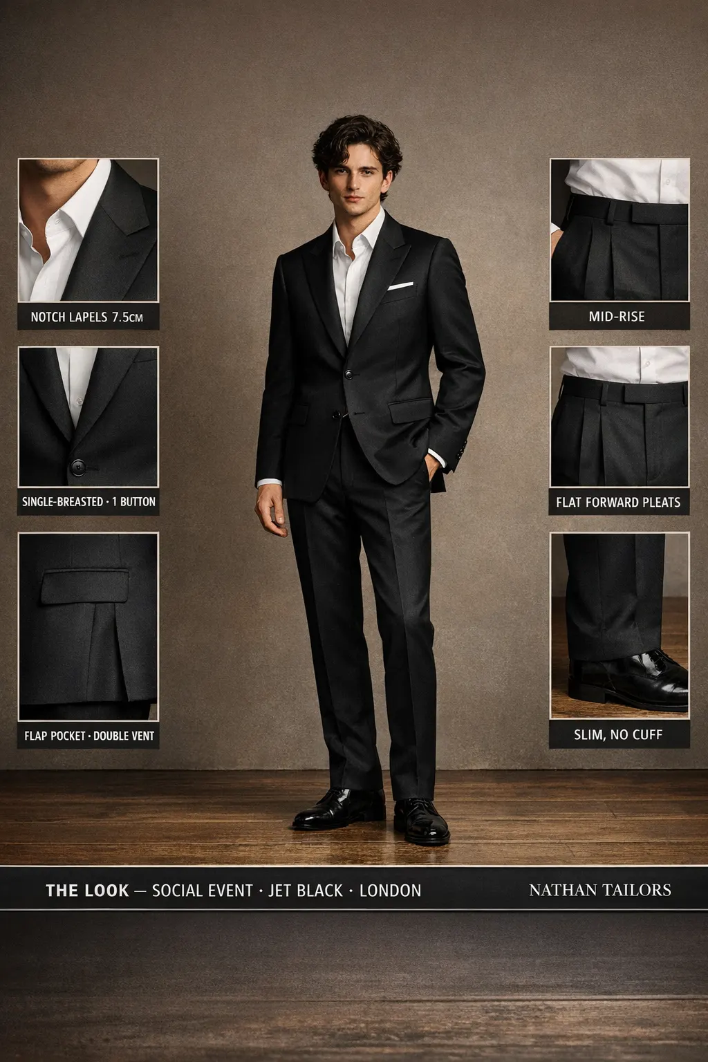 jet black single-breasted notch-lapel bespoke suit — AI-rendered by Nathan Tailors, the Hoi An custom tailor. Available as a custom tailored suit from $149.