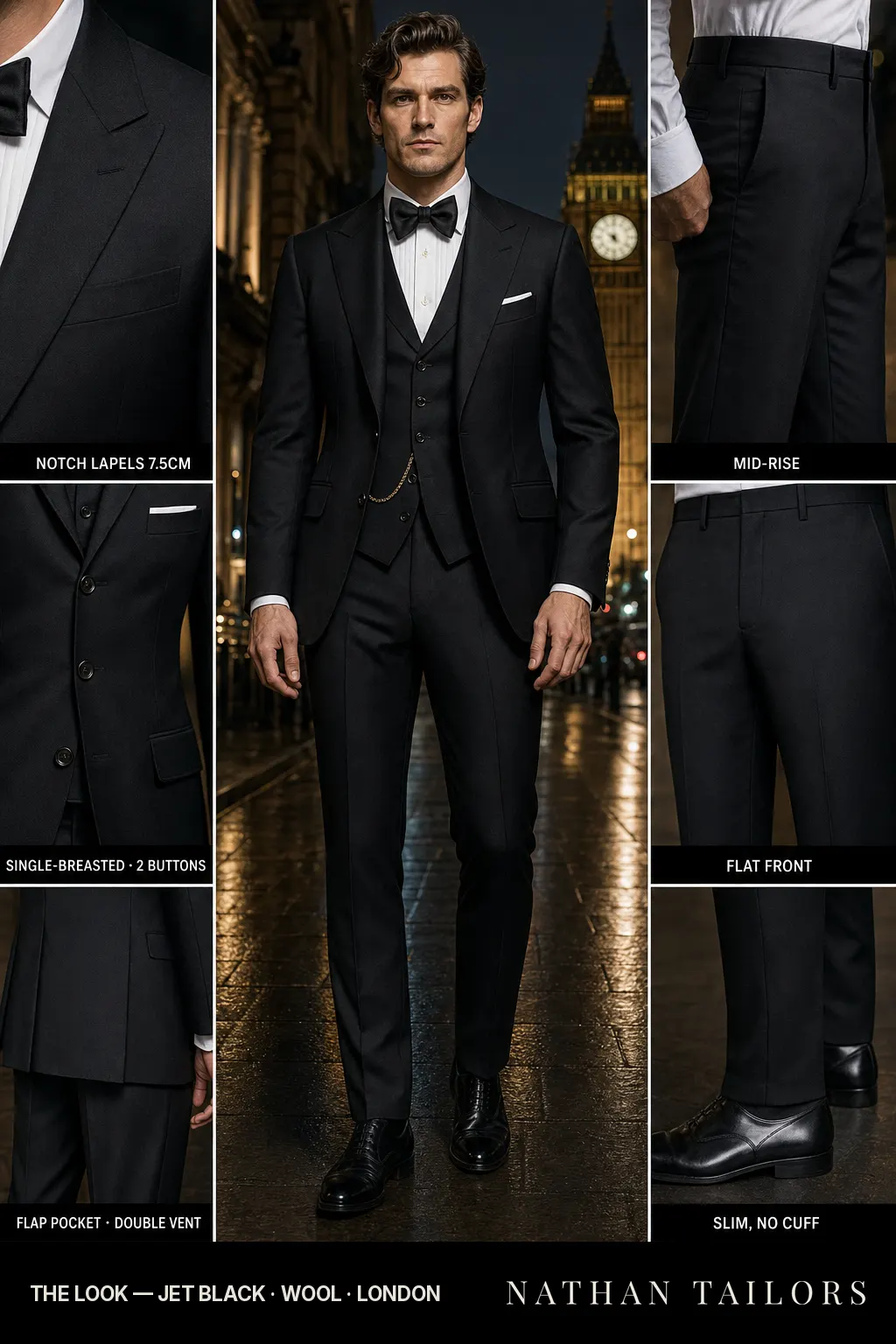 jet black single-breasted bespoke suit — custom tailored by Nathan Tailors, the Hoi An custom tailor