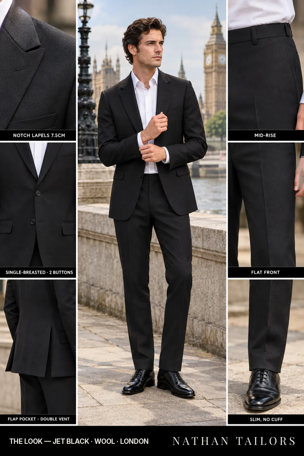 jet black single-breasted bespoke suit — custom tailored by Nathan Tailors, the Hoi An custom tailor
