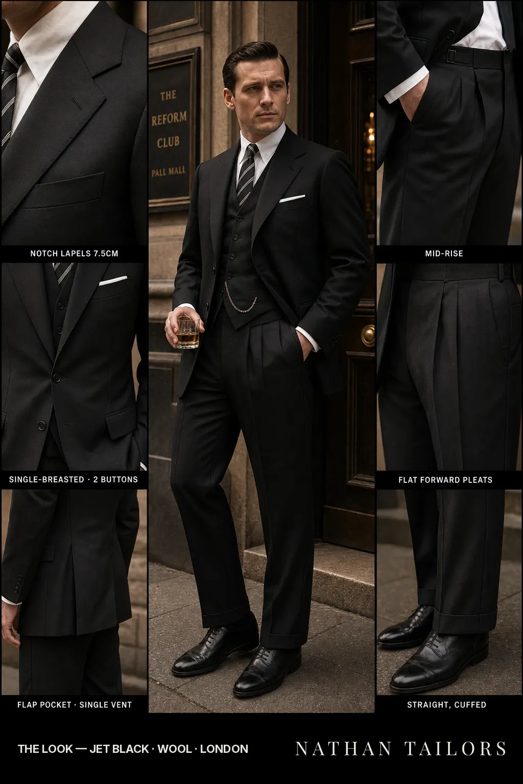 jet black single-breasted notch-lapel bespoke suit — AI-rendered by Nathan Tailors, the Hoi An custom tailor. Available as a custom tailored suit from $149.