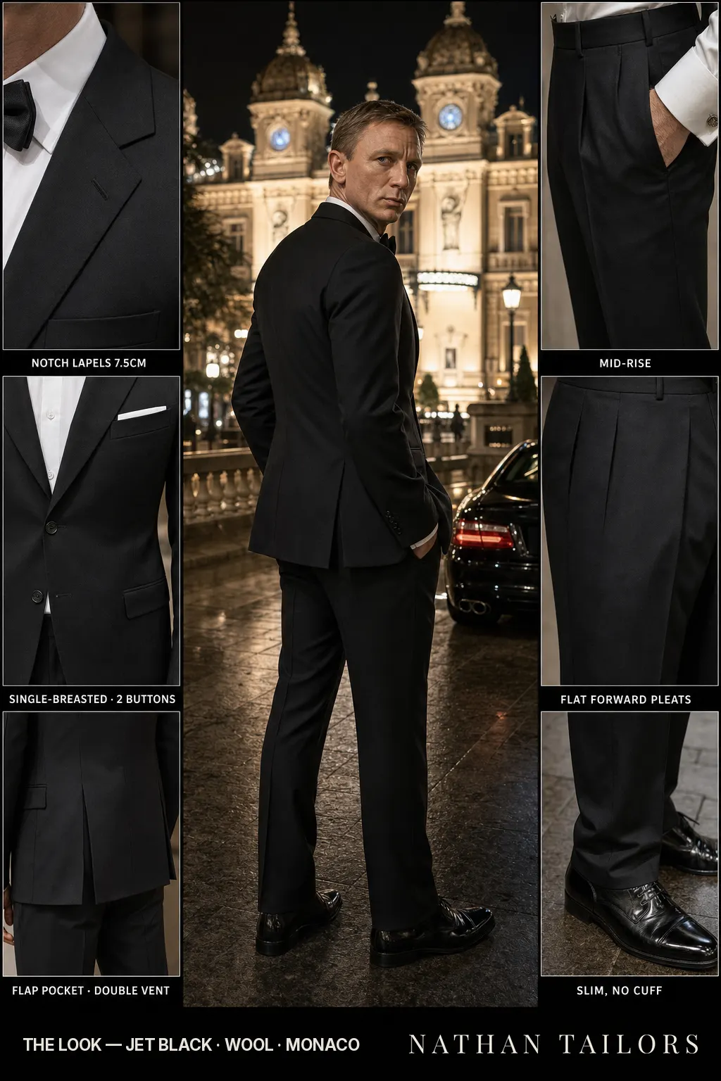 jet black single-breasted notch-lapel bespoke suit — AI-rendered by Nathan Tailors, the Hoi An custom tailor. Available as a custom tailored suit from $149.