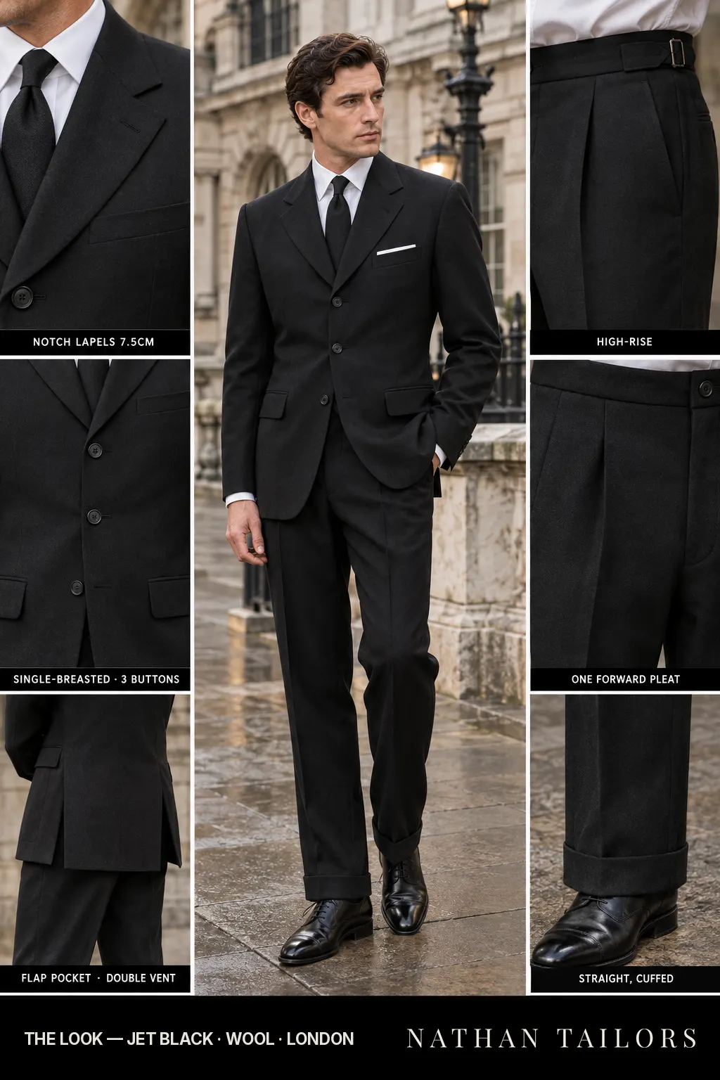 jet black single-breasted bespoke suit โ custom tailored by Nathan Tailors, the Hoi An custom tailor