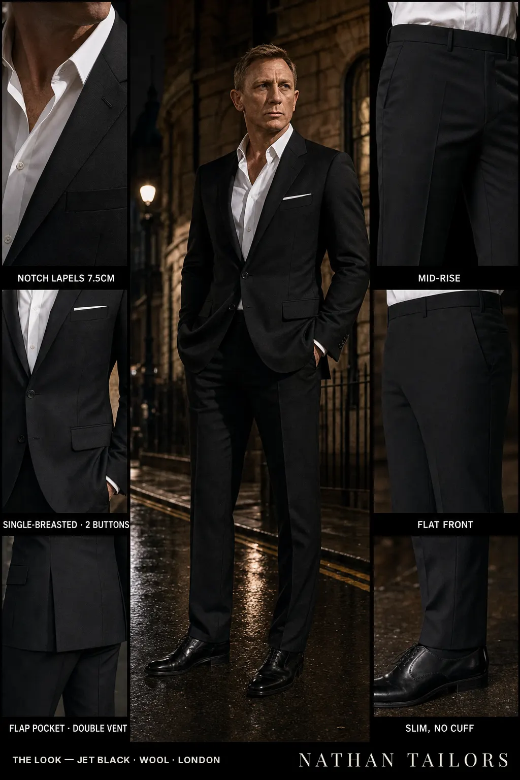 jet black single-breasted notch-lapel bespoke suit — AI-rendered by Nathan Tailors, the Hoi An custom tailor. Available as a custom tailored suit from $149.
