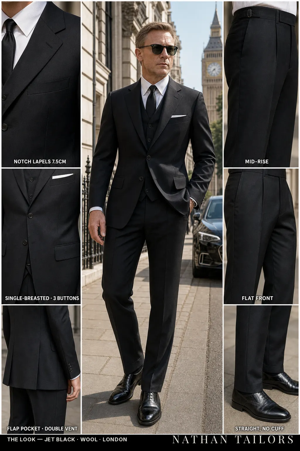 jet black single-breasted notch-lapel bespoke suit โ AI-rendered by Nathan Tailors, the Hoi An custom tailor. Available as a custom tailored suit from $149.