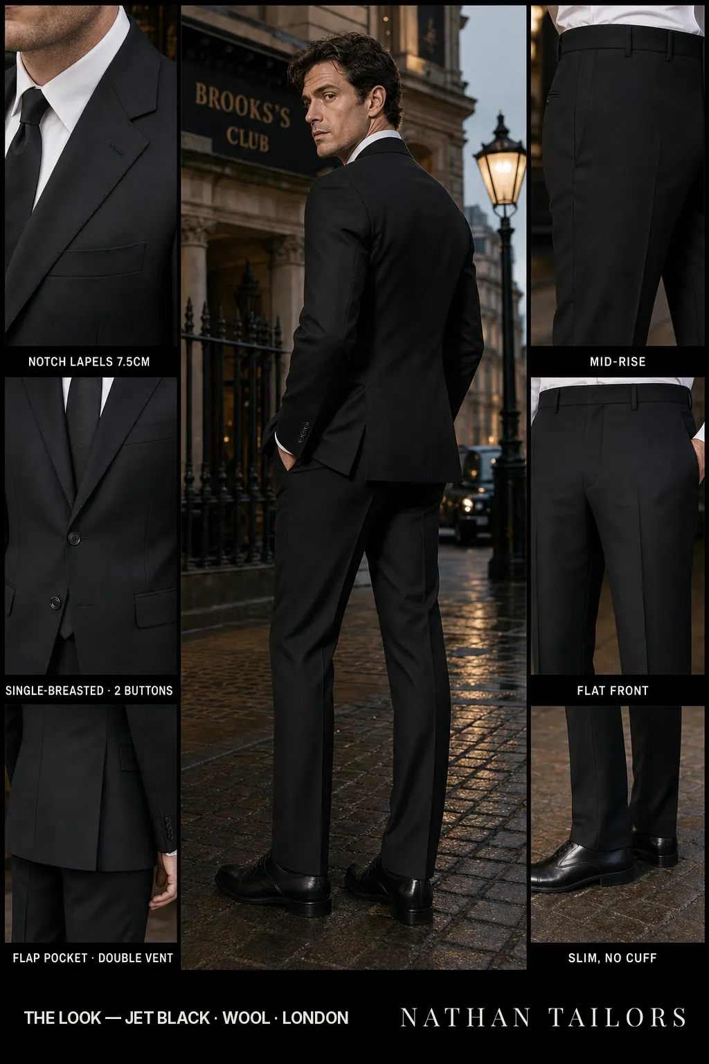 jet black single-breasted notch-lapel bespoke suit โ AI-rendered by Nathan Tailors, the Hoi An custom tailor. Available as a custom tailored suit from $169.
