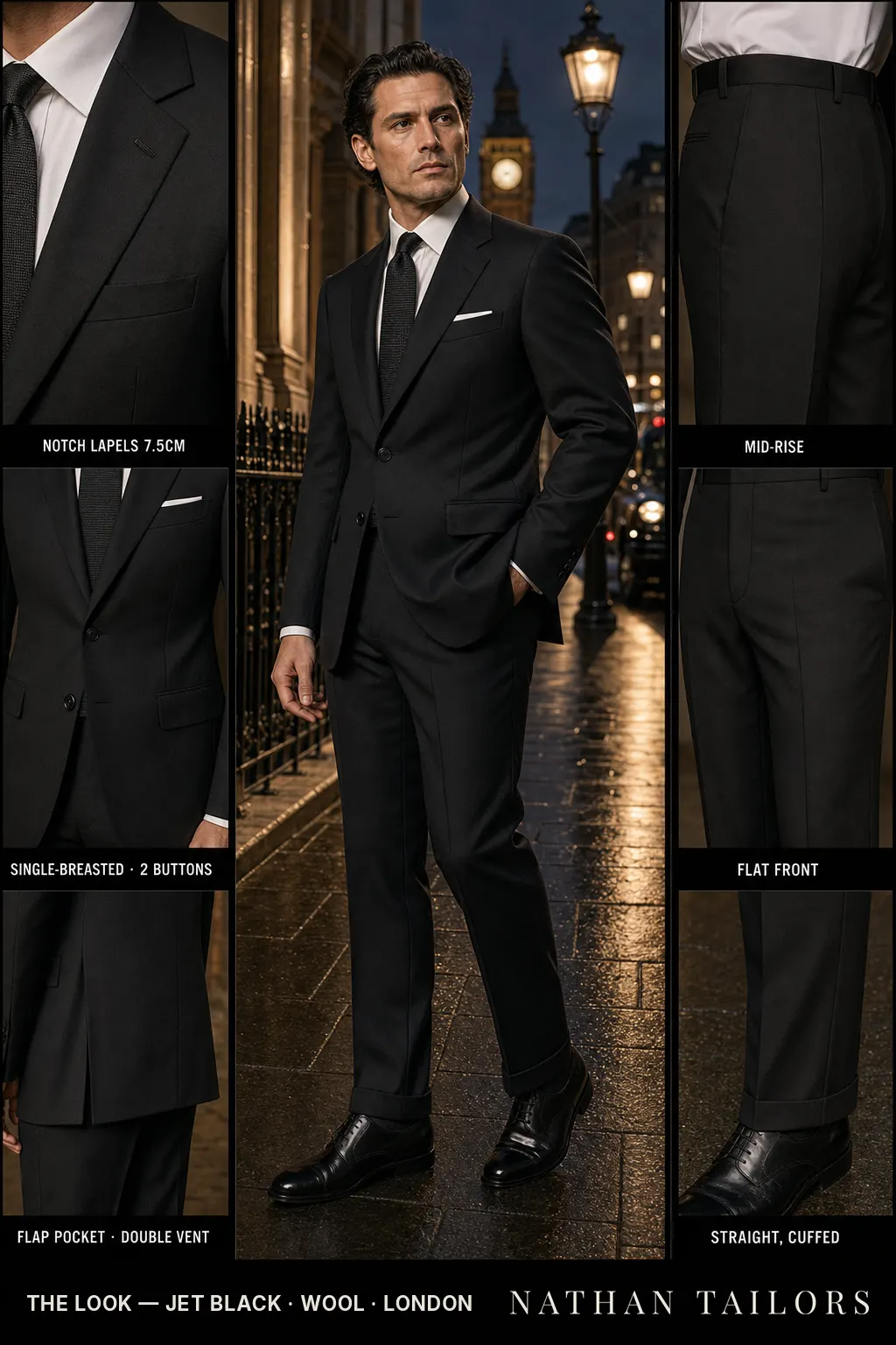 jet black single-breasted notch-lapel bespoke suit — AI-rendered by Nathan Tailors, the Hoi An custom tailor. Available as a custom tailored suit from $149.
