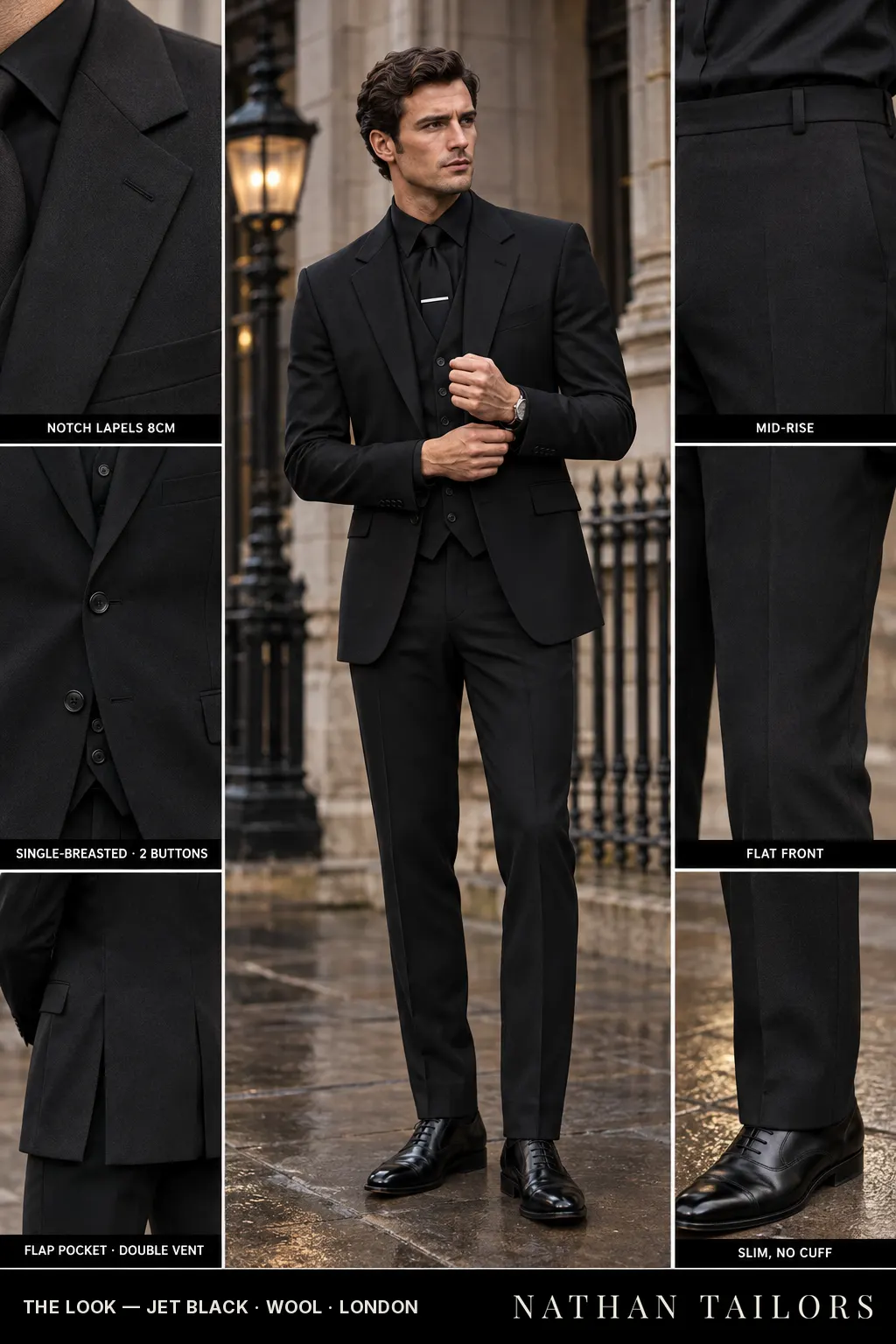 jet black single-breasted bespoke suit โ custom tailored by Nathan Tailors, the Hoi An custom tailor