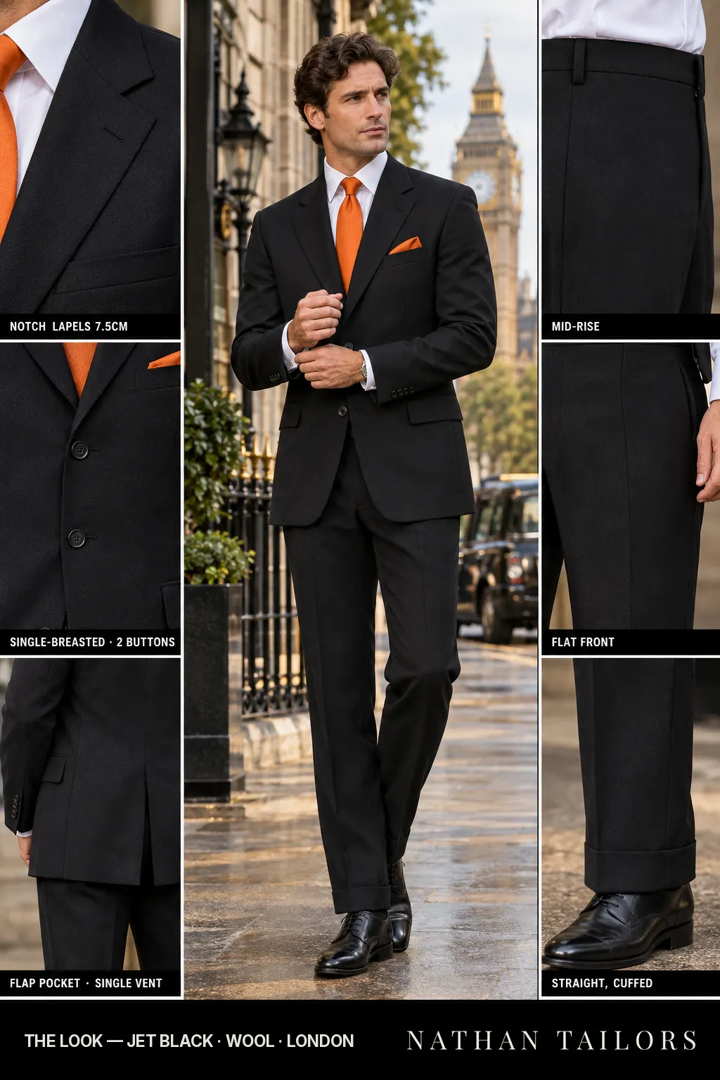 jet black single-breasted bespoke suit โ custom tailored by Nathan Tailors, the Hoi An custom tailor