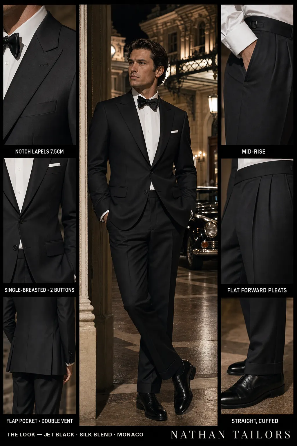 jet black single-breasted notch-lapel bespoke suit — AI-rendered by Nathan Tailors, the Hoi An custom tailor. Available as a custom tailored suit from $149.