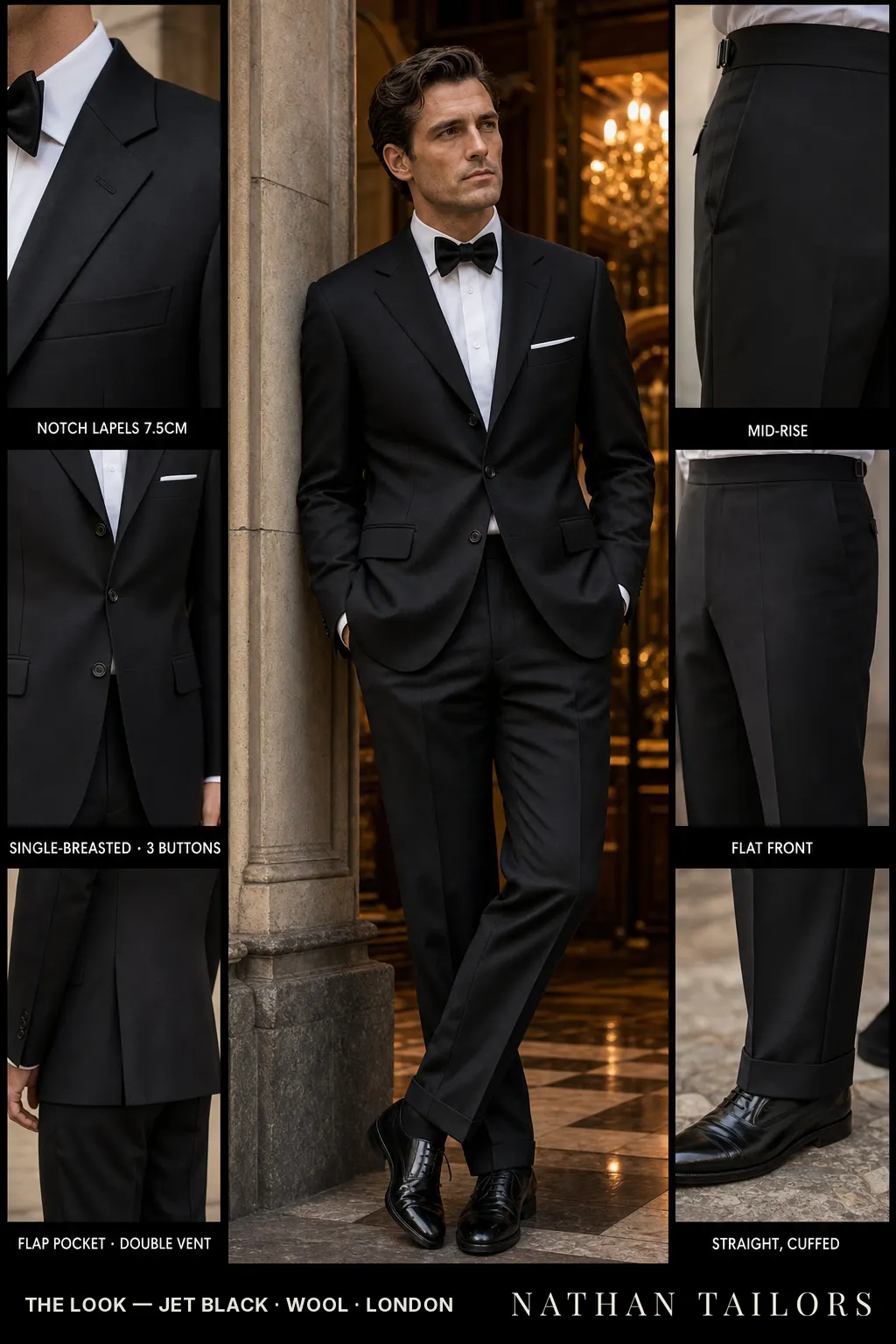 jet black single-breasted notch-lapel bespoke suit — AI-rendered by Nathan Tailors, the Hoi An custom tailor. Available as a custom tailored suit from $149.