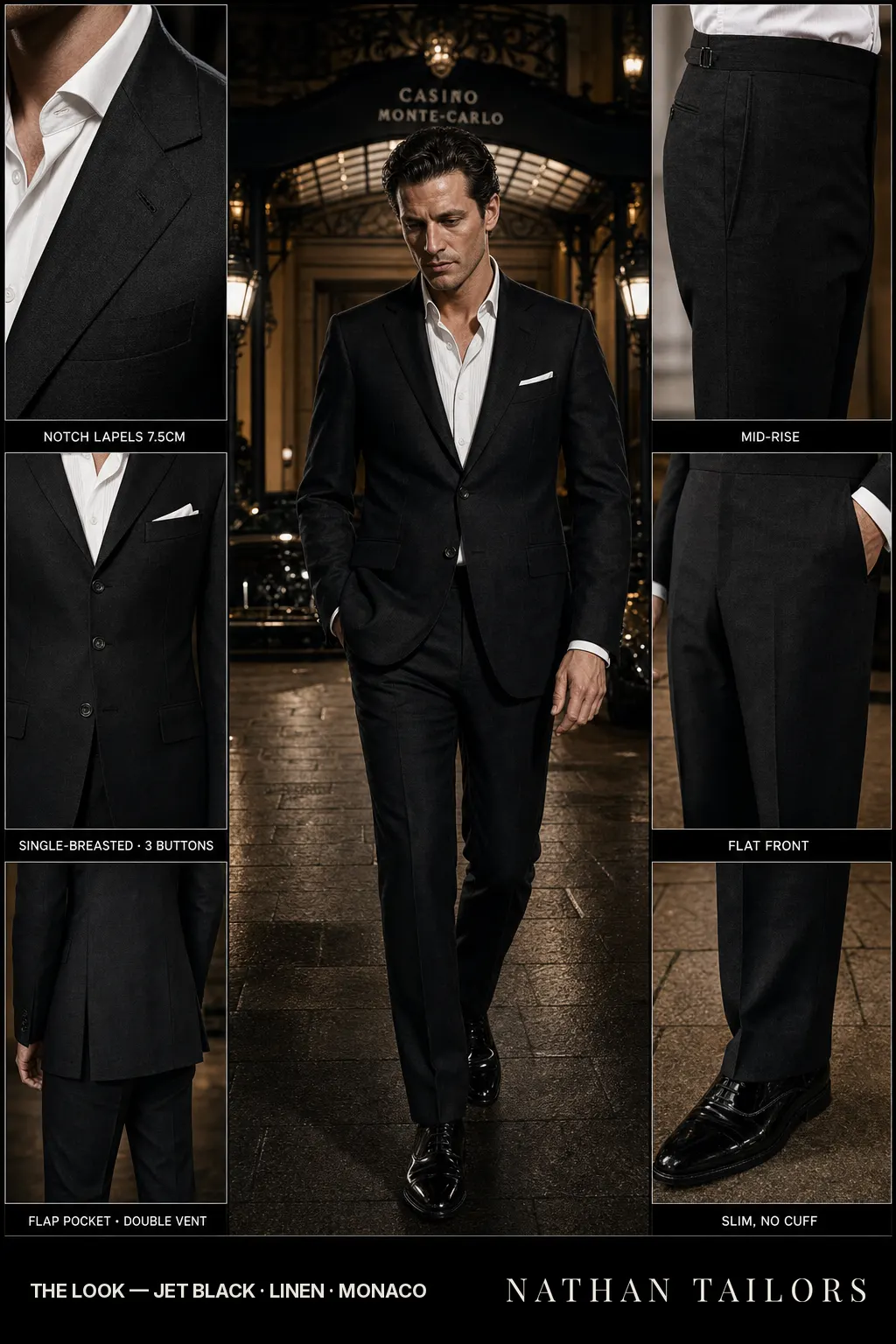 jet black single-breasted notch-lapel bespoke suit — AI-rendered by Nathan Tailors, the Hoi An custom tailor. Available as a custom tailored suit from $149.