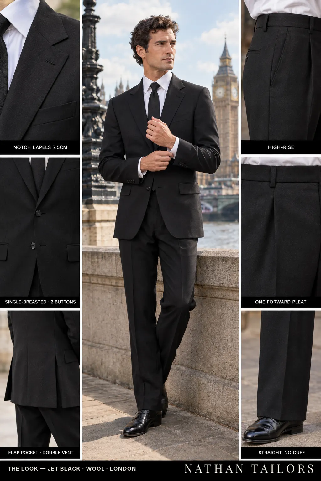 jet black single-breasted bespoke suit โ custom tailored by Nathan Tailors, the Hoi An custom tailor