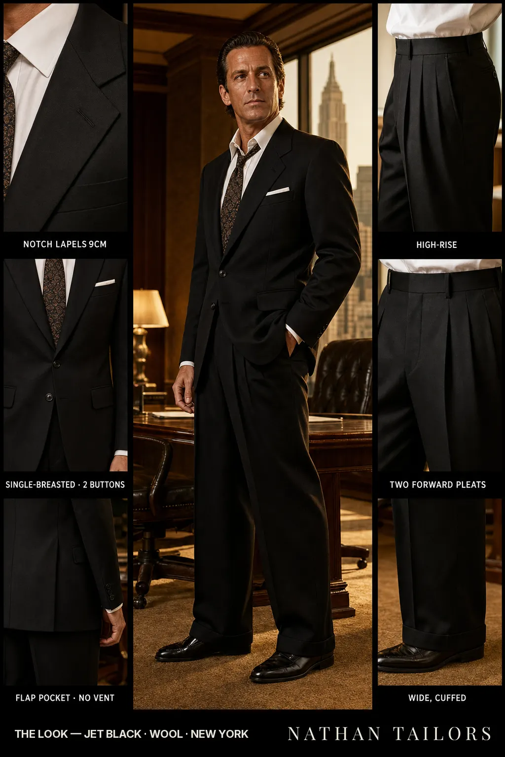 jet black single-breasted notch-lapel bespoke suit โ AI-rendered by Nathan Tailors, the Hoi An custom tailor. Available as a custom tailored suit from $149.