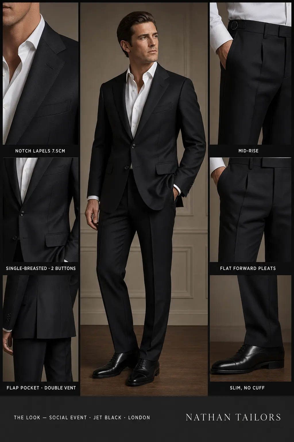 jet black single-breasted notch-lapel bespoke suit — AI-rendered by Nathan Tailors, the Hoi An custom tailor. Available as a custom tailored suit from $149.
