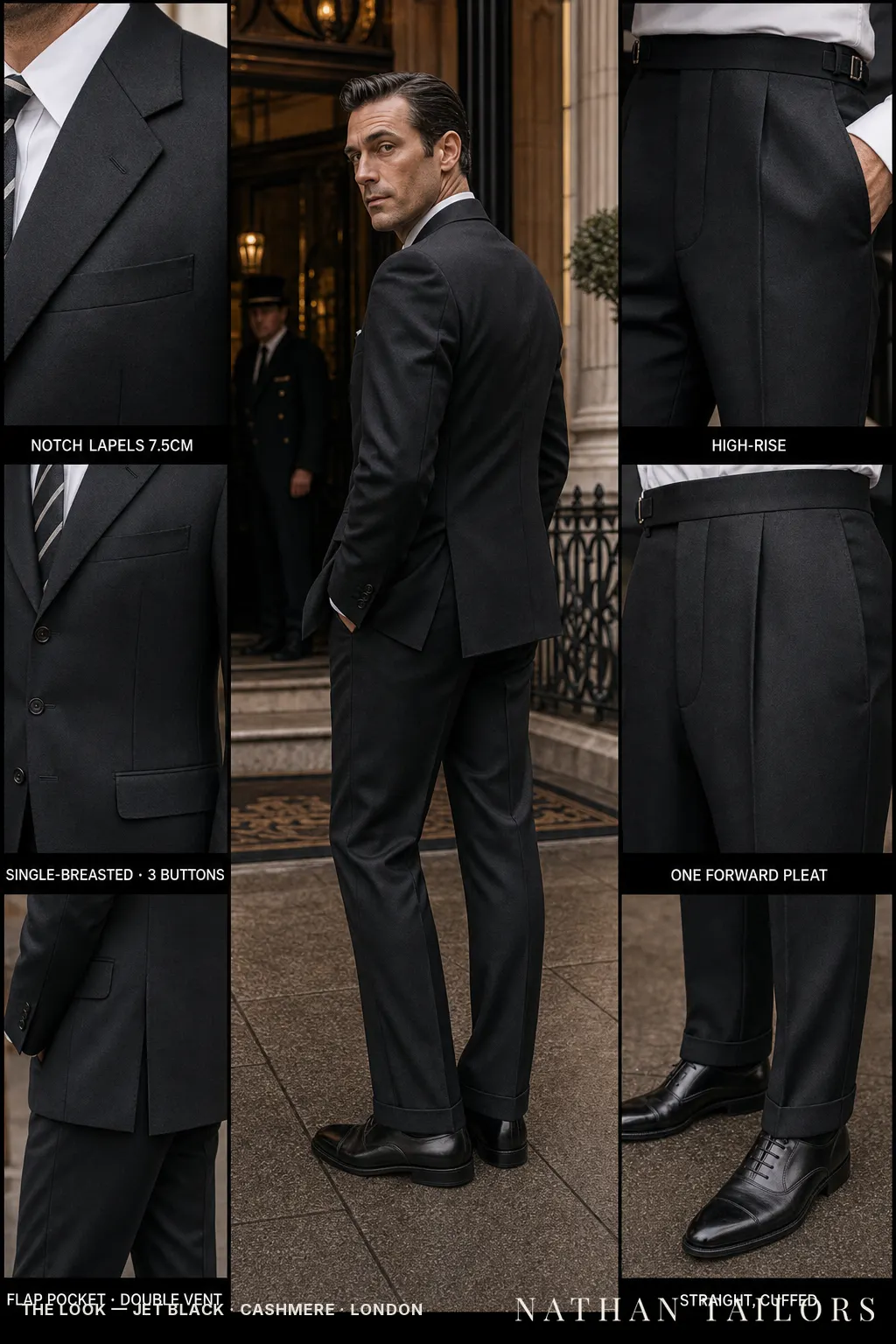 jet black single-breasted notch-lapel bespoke suit — AI-rendered by Nathan Tailors, the Hoi An custom tailor. Available as a custom tailored suit from $169.