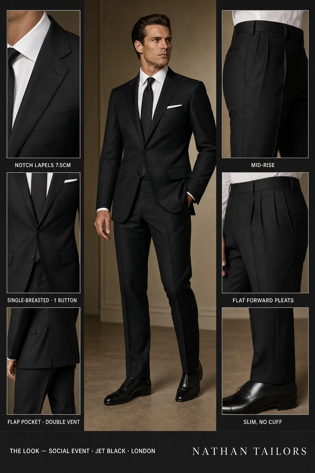 jet black single-breasted notch-lapel bespoke suit โ AI-rendered by Nathan Tailors, the Hoi An custom tailor. Available as a custom tailored suit from $149.