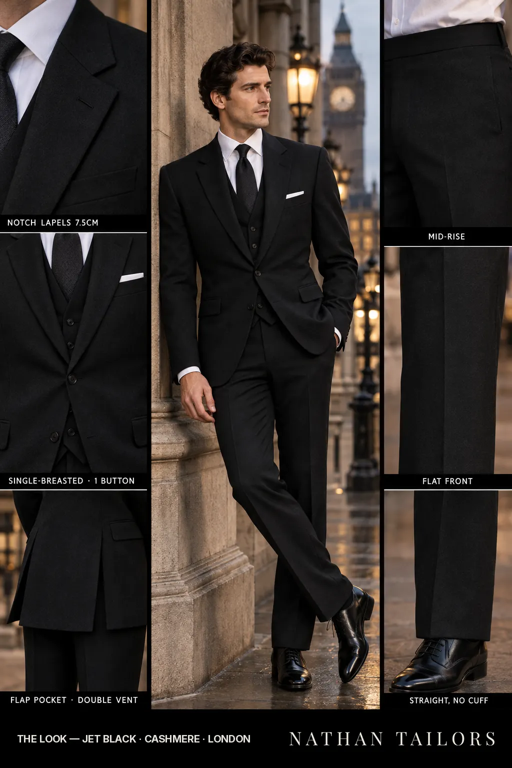 jet black single-breasted bespoke suit โ custom tailored by Nathan Tailors, the Hoi An custom tailor