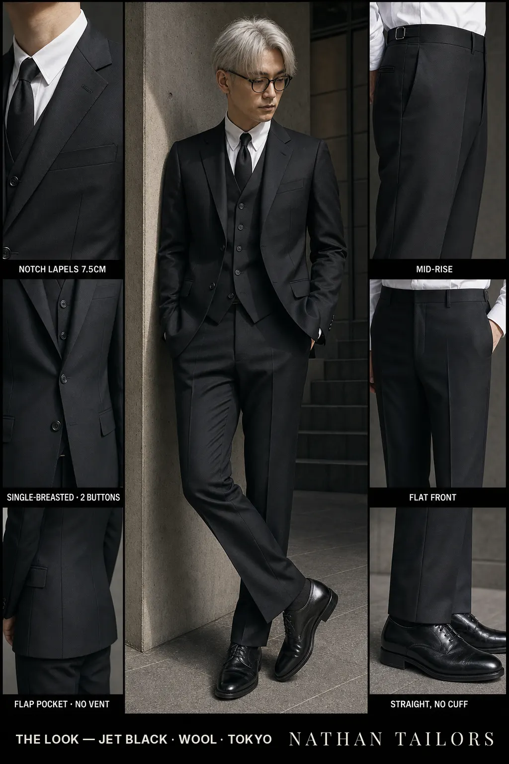 jet black single-breasted notch-lapel bespoke suit — AI-rendered by Nathan Tailors, the Hoi An custom tailor. Available as a custom tailored suit from $149.