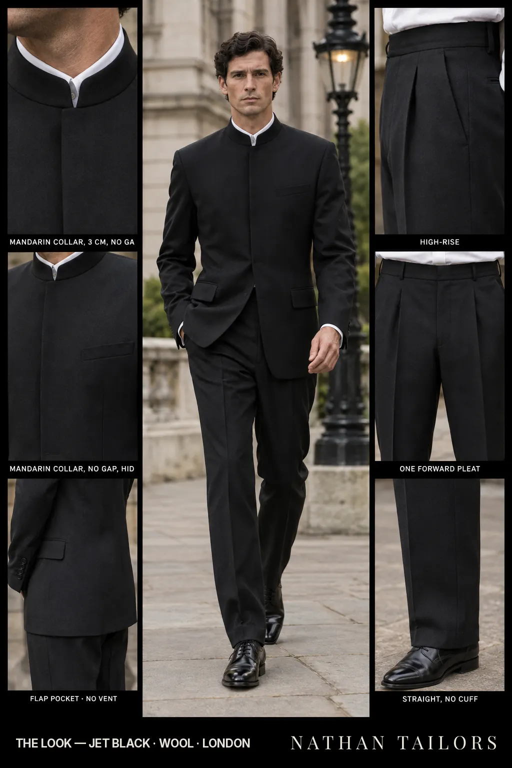 jet black single-breasted notch-lapel bespoke suit — AI-rendered by Nathan Tailors, the Hoi An custom tailor. Available as a custom tailored suit from $149.