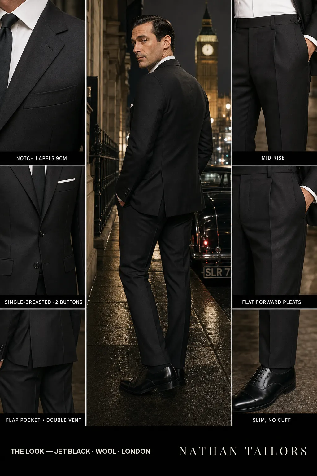 jet black single-breasted notch-lapel bespoke suit โ AI-rendered by Nathan Tailors, the Hoi An custom tailor. Available as a custom tailored suit from $149.