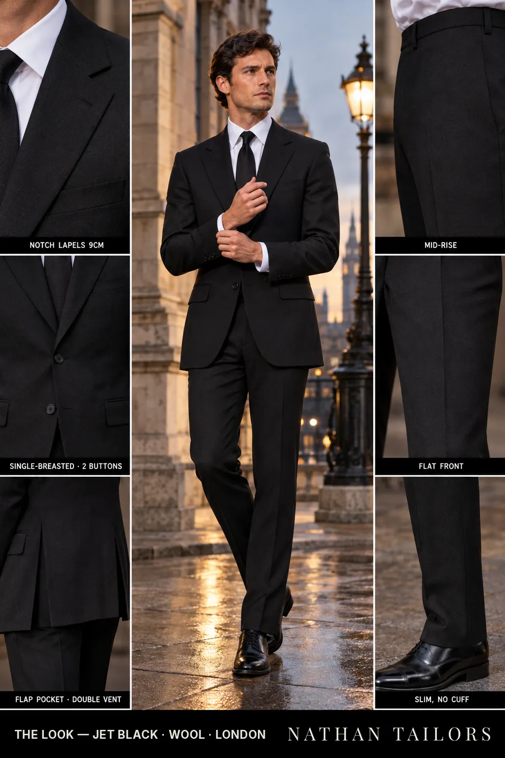 jet black single-breasted bespoke suit โ custom tailored by Nathan Tailors, the Hoi An custom tailor