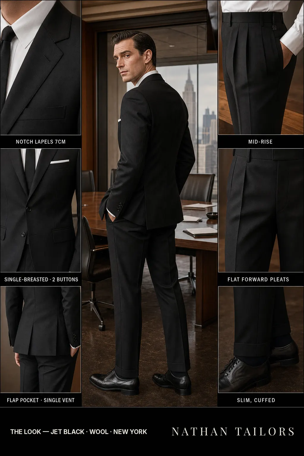 jet black single-breasted notch-lapel bespoke suit — AI-rendered by Nathan Tailors, the Hoi An custom tailor. Available as a custom tailored suit from $149.