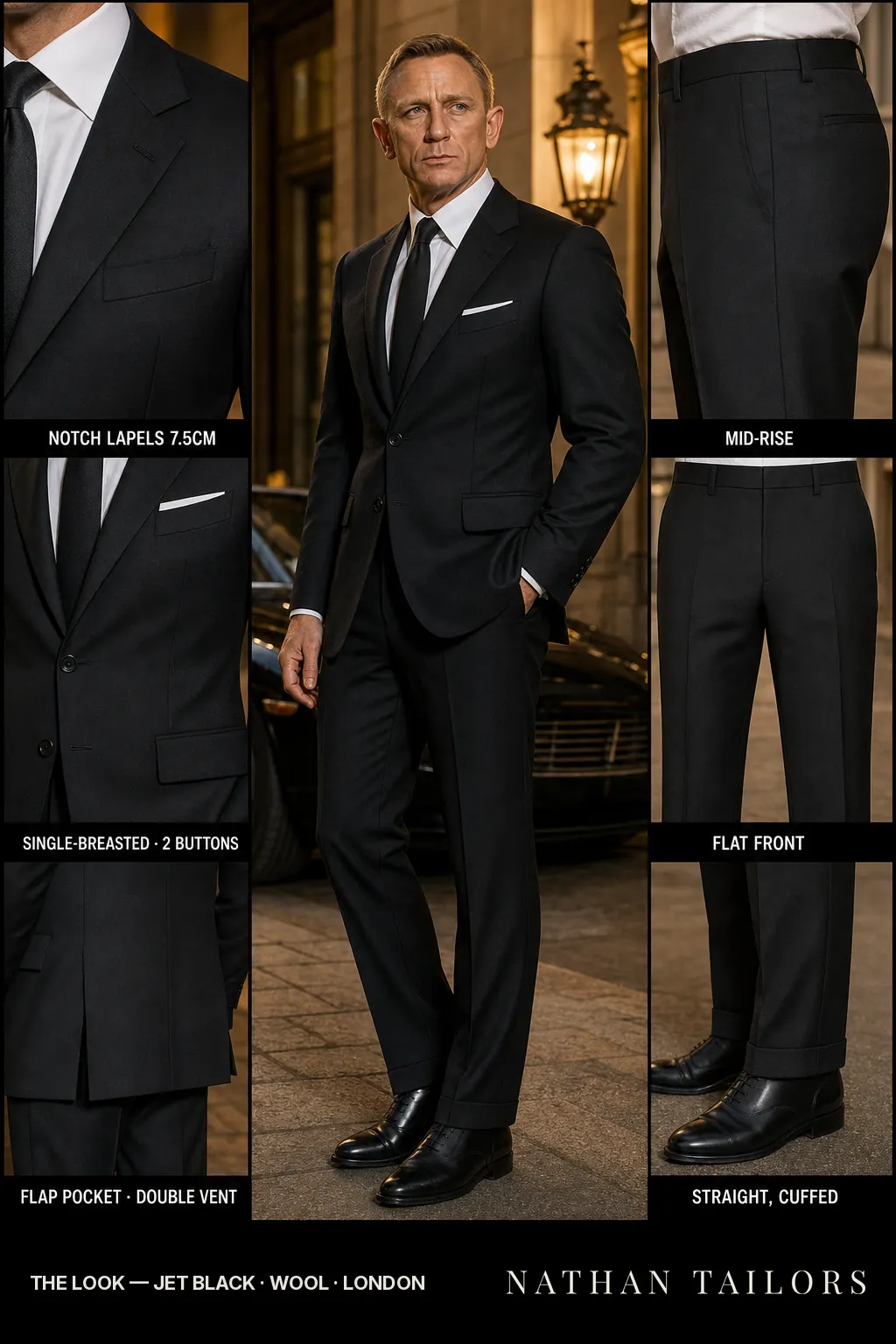jet black single-breasted notch-lapel bespoke suit โ AI-rendered by Nathan Tailors, the Hoi An custom tailor. Available as a custom tailored suit from $149.