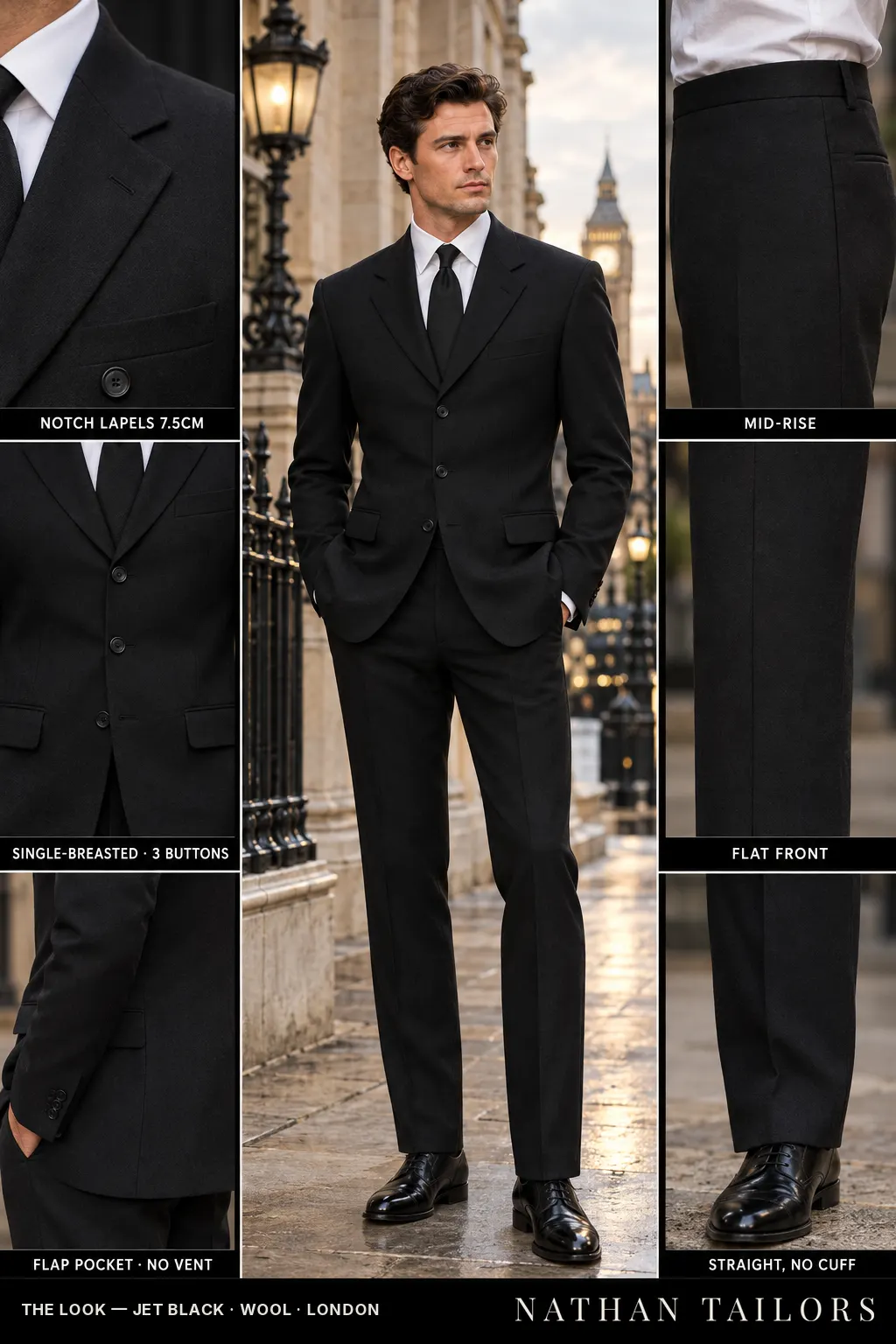jet black single-breasted bespoke suit โ custom tailored by Nathan Tailors, the Hoi An custom tailor
