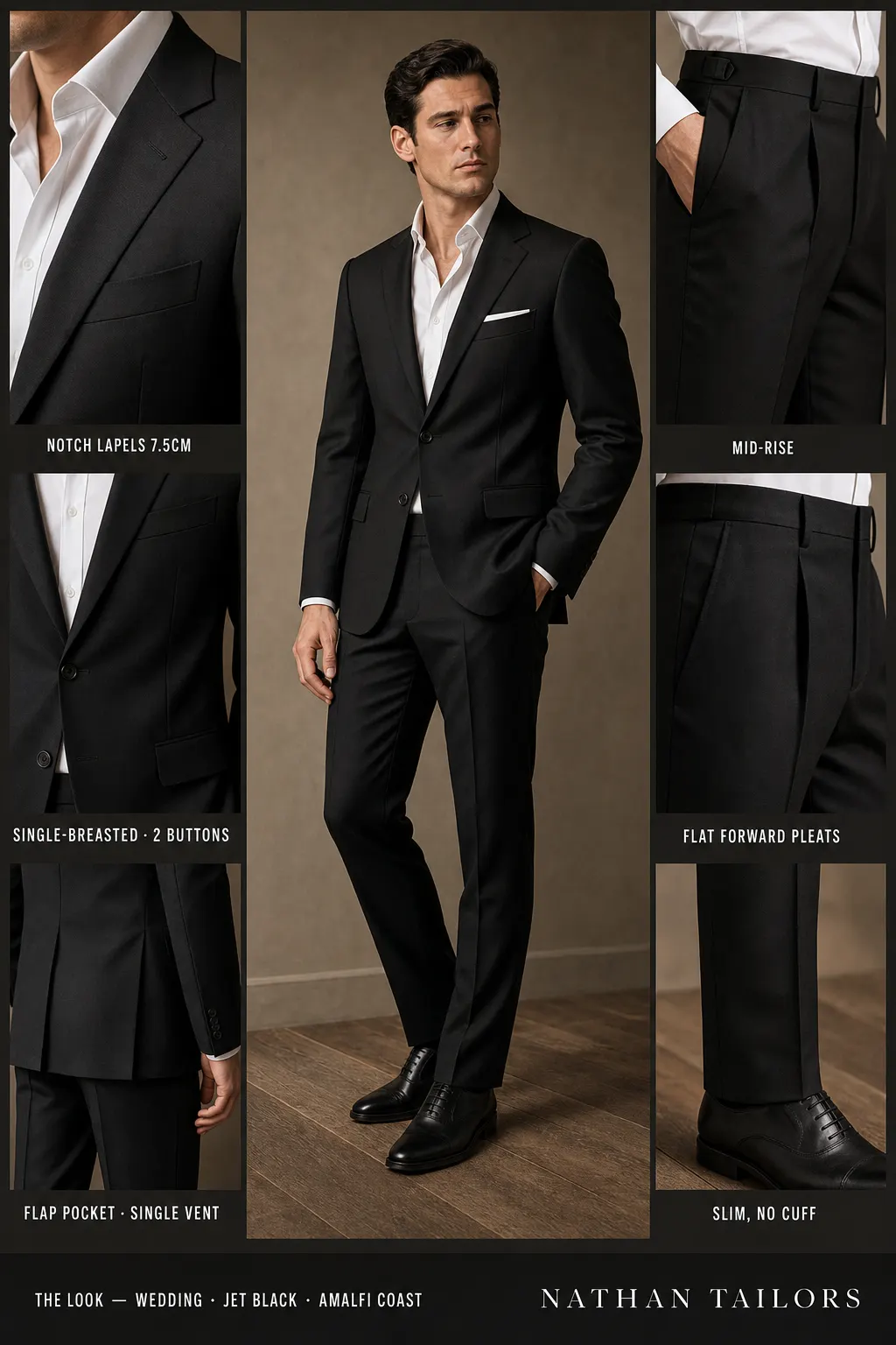 jet black single-breasted notch-lapel bespoke suit โ AI-rendered by Nathan Tailors, the Hoi An custom tailor. Available as a custom tailored suit from $149.
