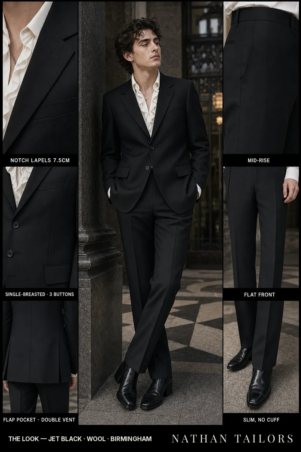 jet black single-breasted notch-lapel bespoke suit โ AI-rendered by Nathan Tailors, the Hoi An custom tailor. Available as a custom tailored suit from $149.
