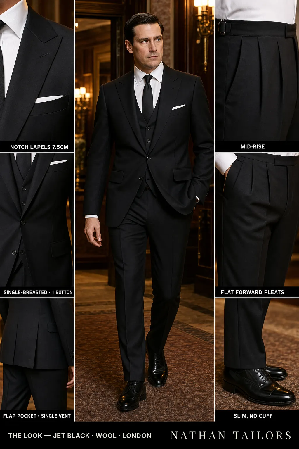 jet black single-breasted notch-lapel bespoke suit — AI-rendered by Nathan Tailors, the Hoi An custom tailor. Available as a custom tailored suit from $149.