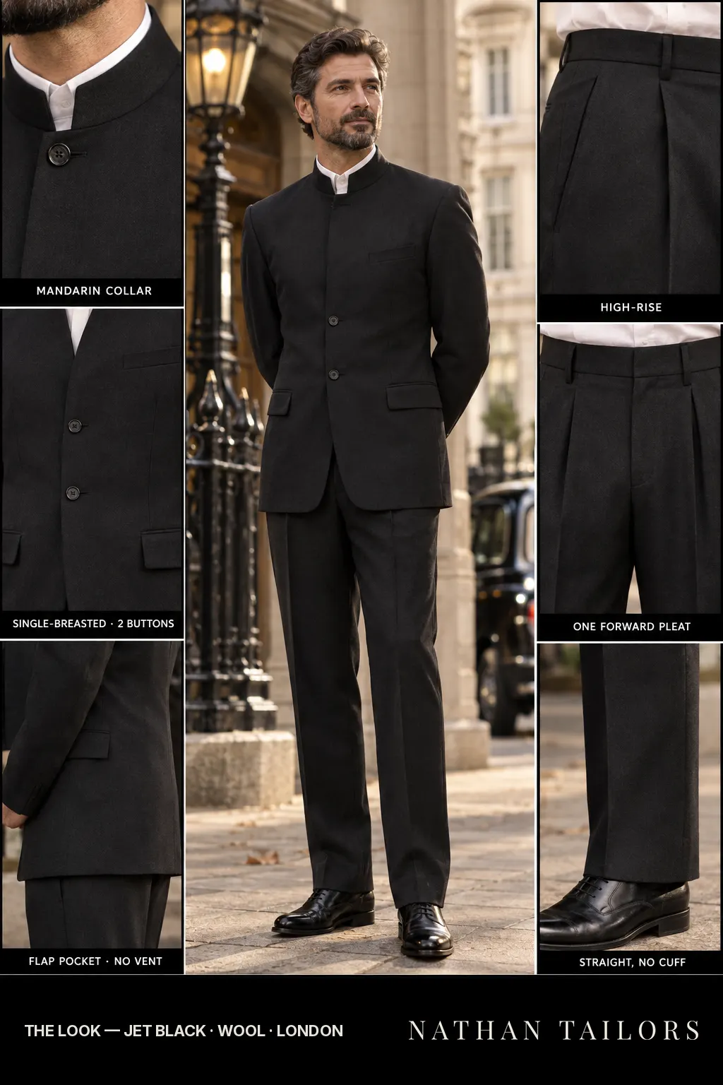 jet black single-breasted bespoke suit โ custom tailored by Nathan Tailors, the Hoi An custom tailor