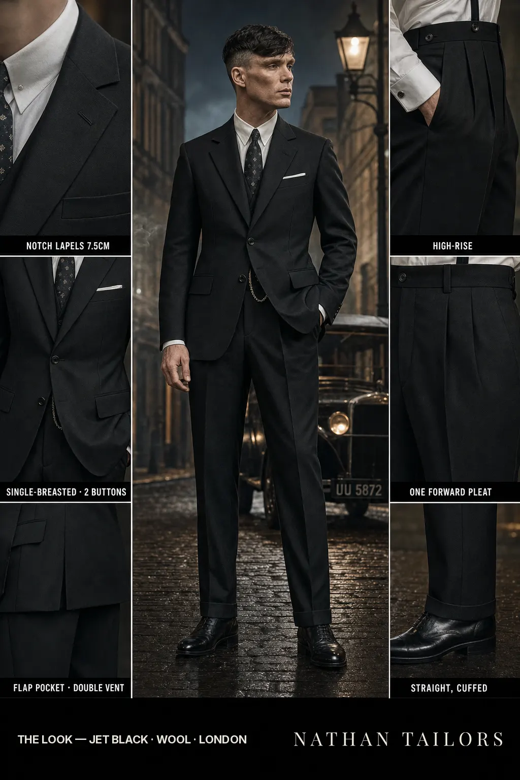 jet black single-breasted notch-lapel bespoke suit — AI-rendered by Nathan Tailors, the Hoi An custom tailor. Available as a custom tailored suit from $149.