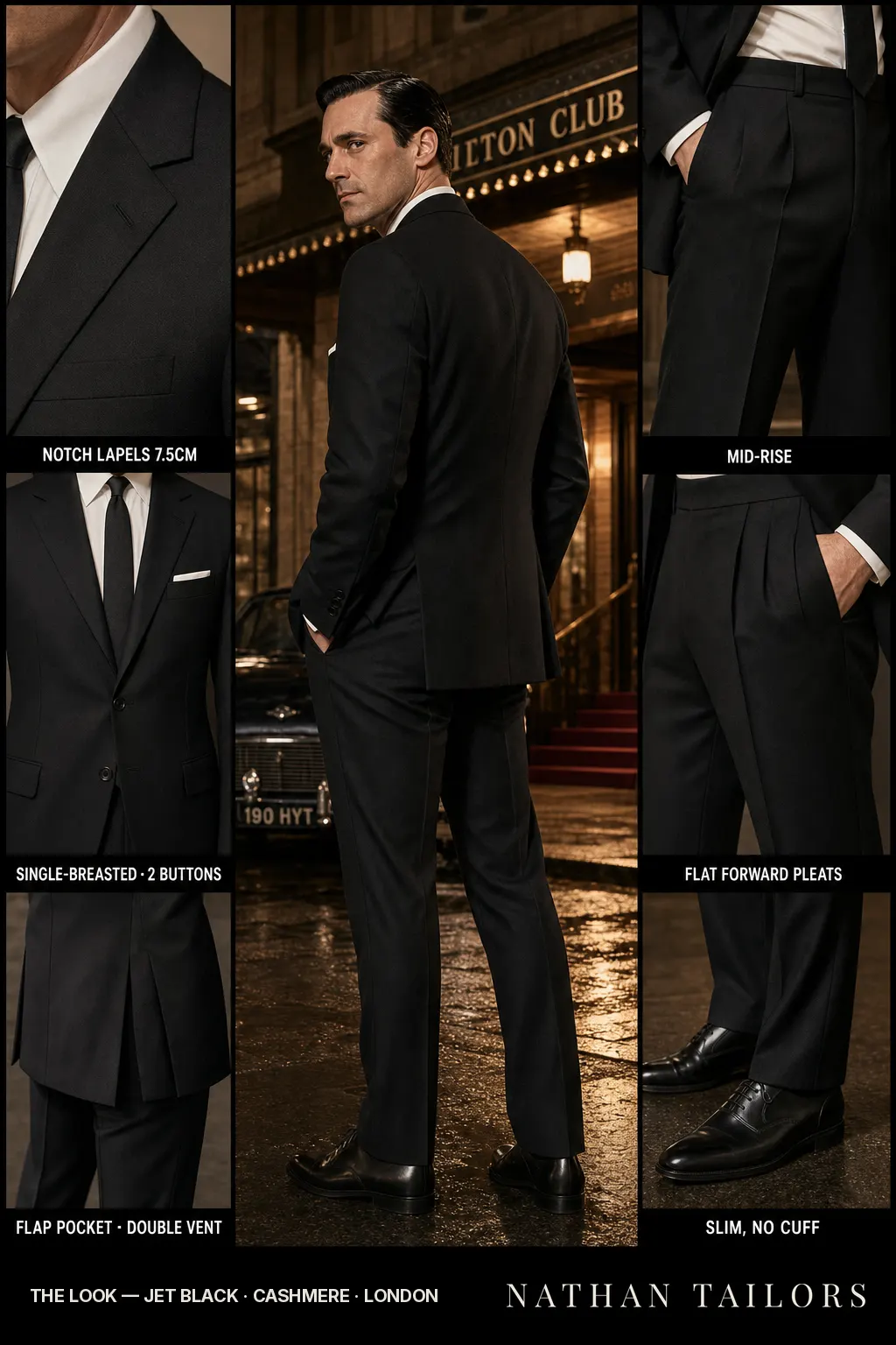 jet black single-breasted notch-lapel bespoke suit โ AI-rendered by Nathan Tailors, the Hoi An custom tailor. Available as a custom tailored suit from $149.