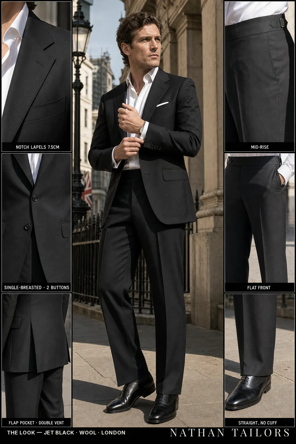 jet black single-breasted notch-lapel bespoke suit — AI-rendered by Nathan Tailors, the Hoi An custom tailor. Available as a custom tailored suit from $149.