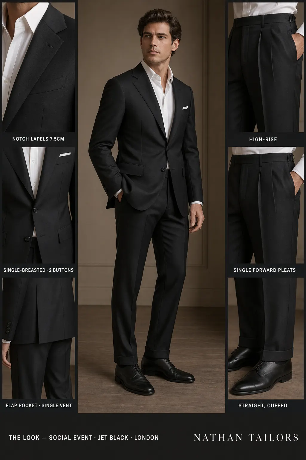 jet black single-breasted notch-lapel bespoke suit โ AI-rendered by Nathan Tailors, the Hoi An custom tailor. Available as a custom tailored suit from $149.