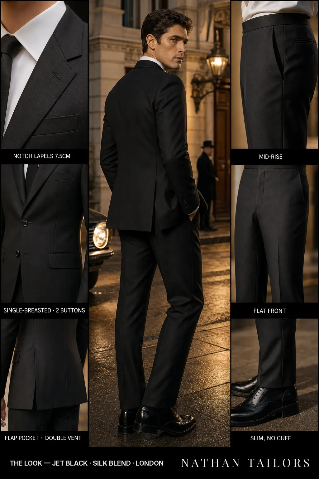 jet black single-breasted notch-lapel bespoke suit โ AI-rendered by Nathan Tailors, the Hoi An custom tailor. Available as a custom tailored suit from $149.