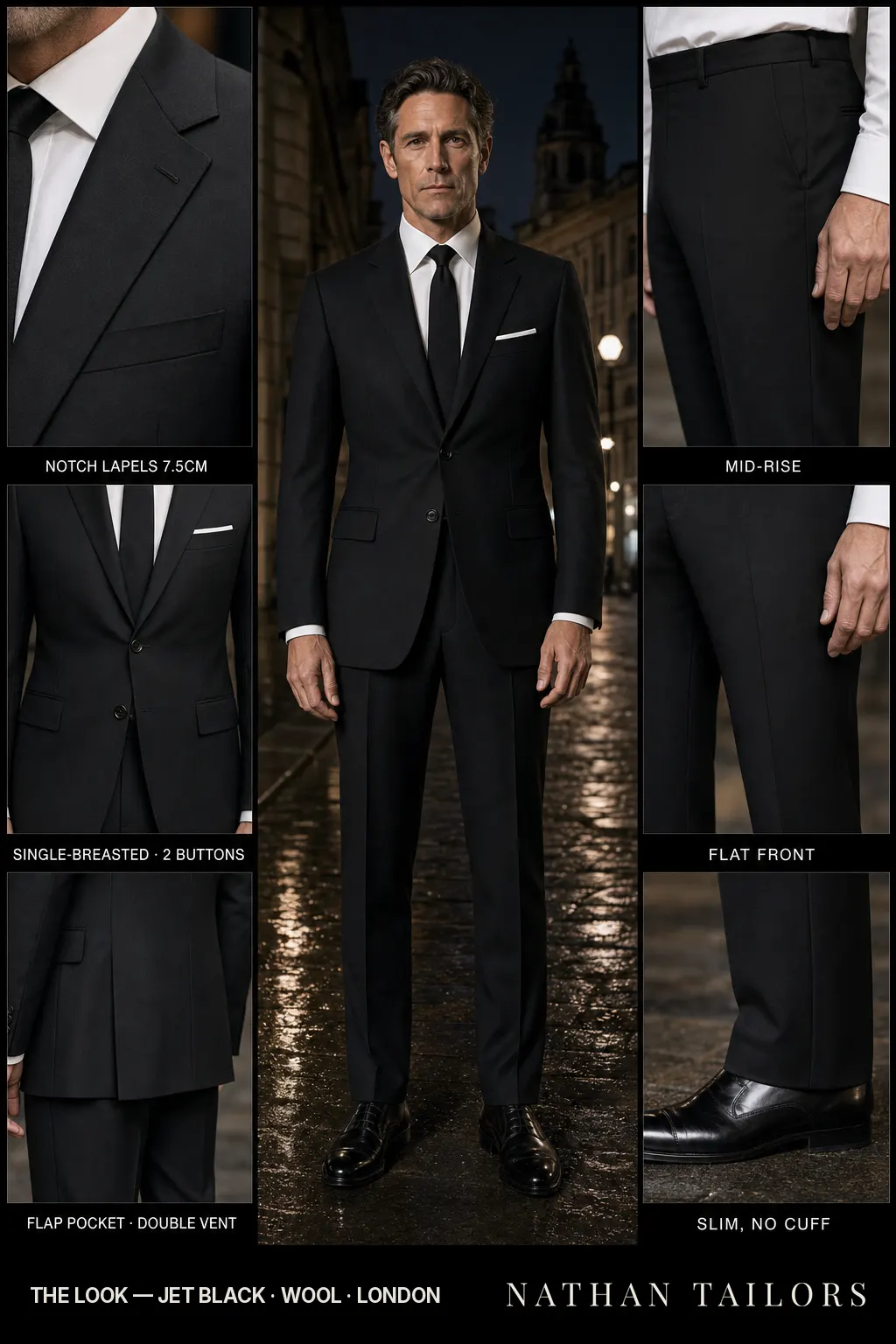 jet black single-breasted bespoke suit — custom tailored by Nathan Tailors, the Hoi An custom tailor