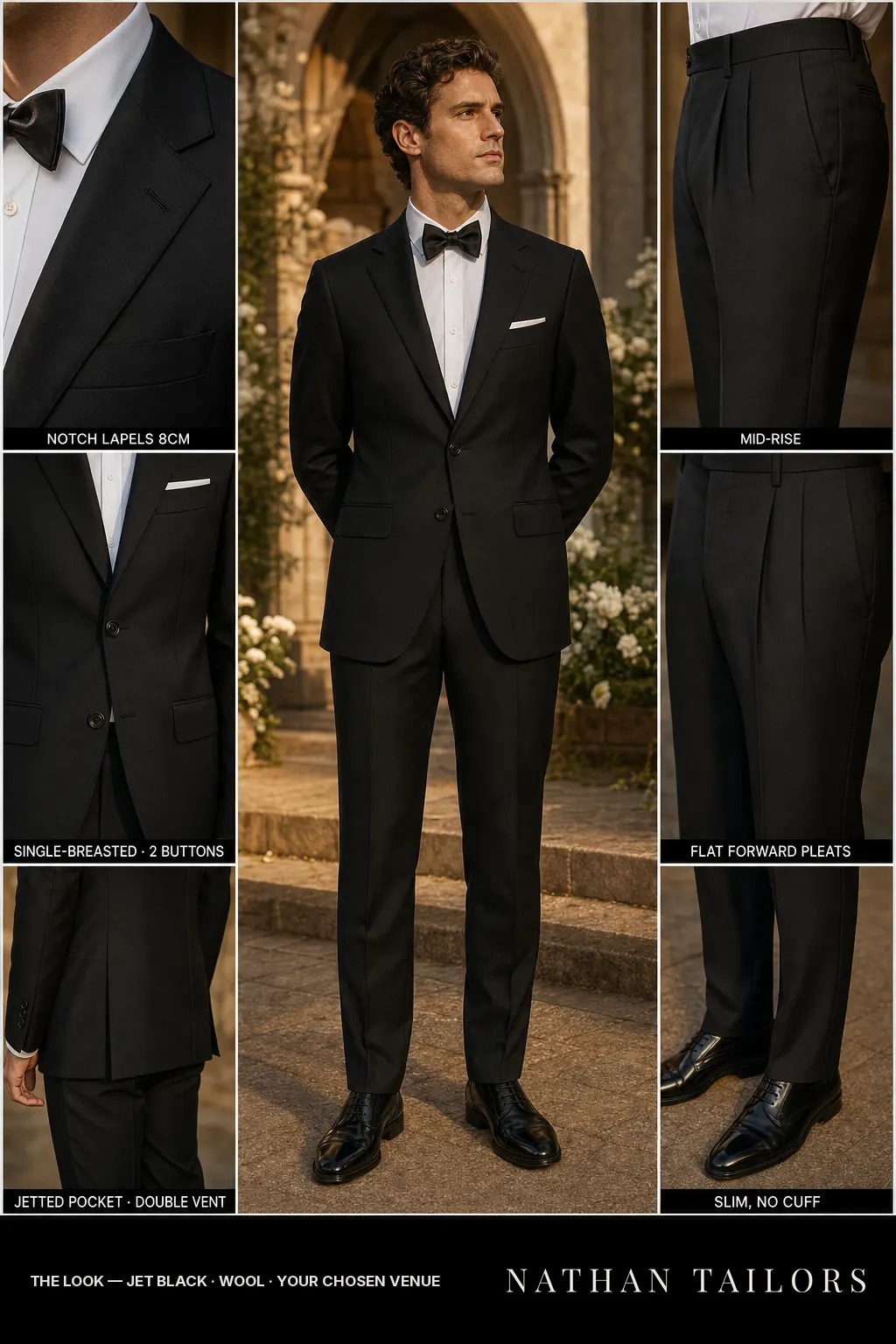 jet black single-breasted notch-lapel bespoke suit โ AI-rendered by Nathan Tailors, the Hoi An custom tailor. Available as a custom tailored suit from $149.
