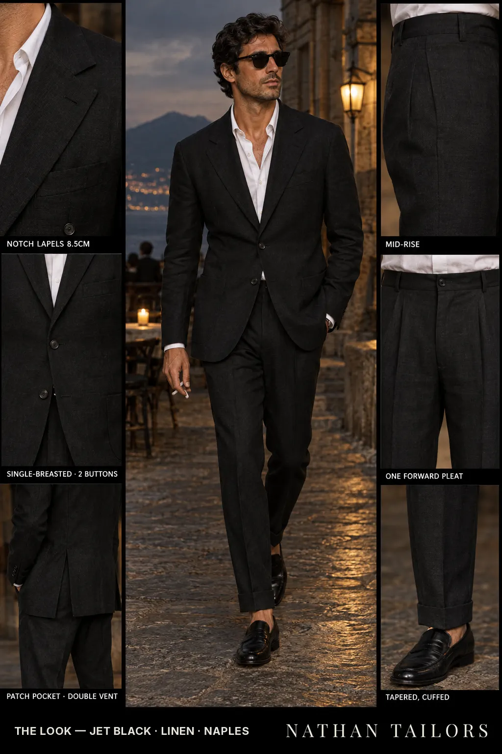 jet black single-breasted bespoke suit — custom tailored by Nathan Tailors, the Hoi An custom tailor