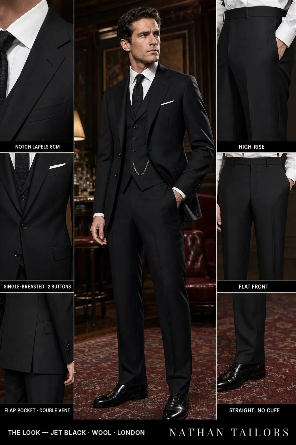 jet black single-breasted notch-lapel bespoke suit โ AI-rendered by Nathan Tailors, the Hoi An custom tailor. Available as a custom tailored suit from $169.