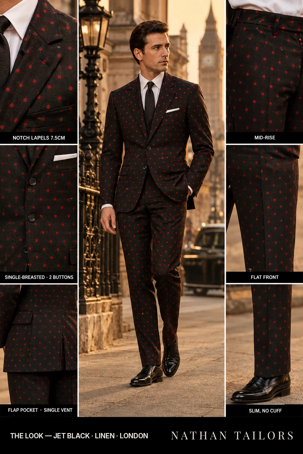 jet black single-breasted bespoke suit โ custom tailored by Nathan Tailors, the Hoi An custom tailor