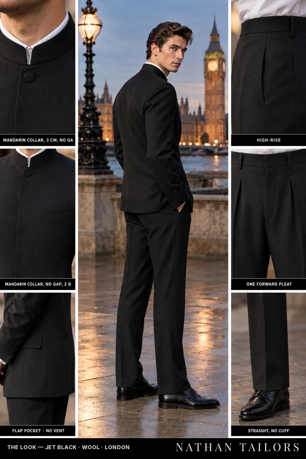 jet black single-breasted bespoke suit โ custom tailored by Nathan Tailors, the Hoi An custom tailor
